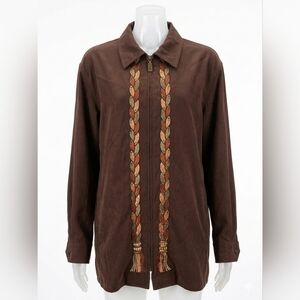 Bob Mackie Wearable Art Jacket 1X Plus Brown Embroidered Braid Tassel Zip Front